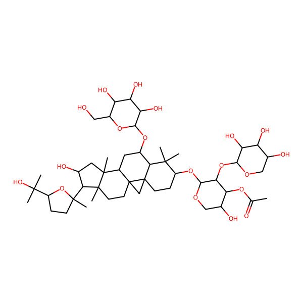 2D Structure of [(2S,3R,4S,5S)-5-hydroxy-2-[[(1S,3R,6S,8R,9S,11S,12S,14S,15R,16R)-14-hydroxy-15-[(2R,5S)-5-(2-hydroxypropan-2-yl)-2-methyloxolan-2-yl]-7,7,12,16-tetramethyl-9-[(2R,3R,4S,5S,6R)-3,4,5-trihydroxy-6-(hydroxymethyl)oxan-2-yl]oxy-6-pentacyclo[9.7.0.01,3.03,8.012,16]octadecanyl]oxy]-3-[(2S,3R,4S,5S)-3,4,5-trihydroxyoxan-2-yl]oxyoxan-4-yl] acetate