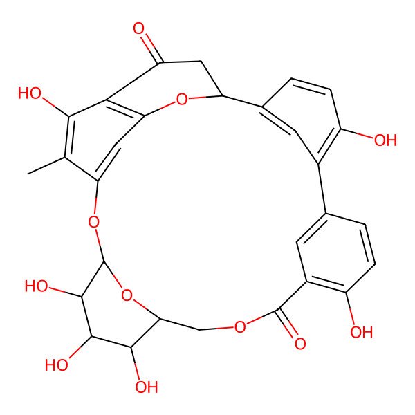 2D Structure of (1S,15S,16R,17S,18R,19S)-5,10,16,17,18,23-hexahydroxy-22-methyl-13,20,27,30-tetraoxahexacyclo[19.5.3.12,6.17,11.115,19.024,28]dotriaconta-2(32),3,5,7(31),8,10,21(29),22,24(28)-nonaene-12,25-dione