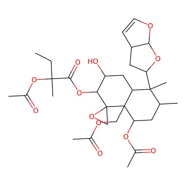 2D Structure of [(1R,2S,3R,4aR,5S,6R,8S,8aR)-5-[(3aS,5S,6aS)-3a,4,5,6a-tetrahydrofuro[2,3-b]furan-5-yl]-8-acetyloxy-8a-(acetyloxymethyl)-3-hydroxy-5,6-dimethylspiro[3,4,4a,6,7,8-hexahydro-2H-naphthalene-1,2'-oxirane]-2-yl] (2R)-2-acetyloxy-2-methylbutanoate