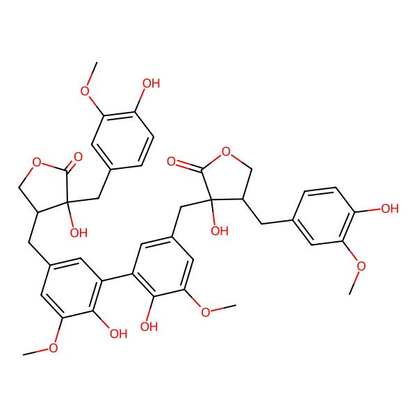 2D Structure of 3-Hydroxy-3-[[4-hydroxy-3-[2-hydroxy-5-[[4-hydroxy-4-[(4-hydroxy-3-methoxyphenyl)methyl]-5-oxooxolan-3-yl]methyl]-3-methoxyphenyl]-5-methoxyphenyl]methyl]-4-[(4-hydroxy-3-methoxyphenyl)methyl]oxolan-2-one