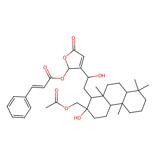 2D Structure of [3-[2-[(1R,2S,4aR,4bS,8aS,10aR)-2-(acetyloxymethyl)-2-hydroxy-4b,8,8,10a-tetramethyl-1,3,4,4a,5,6,7,8a,9,10-decahydrophenanthren-1-yl]-1-hydroxyethyl]-5-oxo-2H-furan-2-yl] (E)-3-phenylprop-2-enoate