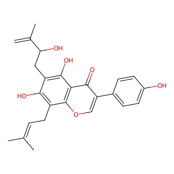 2D Structure of 5,7-dihydroxy-6-[(2R)-2-hydroxy-3-methylbut-3-enyl]-3-(4-hydroxyphenyl)-8-(3-methylbut-2-enyl)chromen-4-one