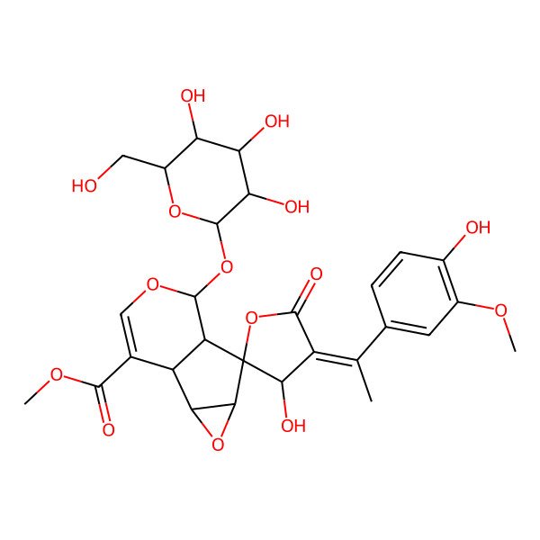 2D Structure of methyl (1S,2S,3'R,4S,4'E,5S,6R,7S)-3'-hydroxy-4'-[1-(4-hydroxy-3-methoxyphenyl)ethylidene]-5'-oxo-7-[(2S,3S,4R,5R,6S)-3,4,5-trihydroxy-6-(hydroxymethyl)oxan-2-yl]oxyspiro[3,8-dioxatricyclo[4.4.0.02,4]dec-9-ene-5,2'-oxolane]-10-carboxylate