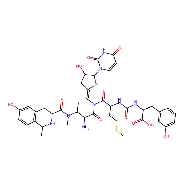2D Structure of 2-[[(2S)-1-[[2-amino-3-[(6-hydroxy-1-methyl-1,2,3,4-tetrahydroisoquinoline-3-carbonyl)-methylamino]butanoyl]-[(E)-[5-(2,4-dioxopyrimidin-1-yl)-4-hydroxyoxolan-2-ylidene]methyl]amino]-4-methylsulfanyl-1-oxobutan-2-yl]carbamoylamino]-3-(3-hydroxyphenyl)propanoic acid