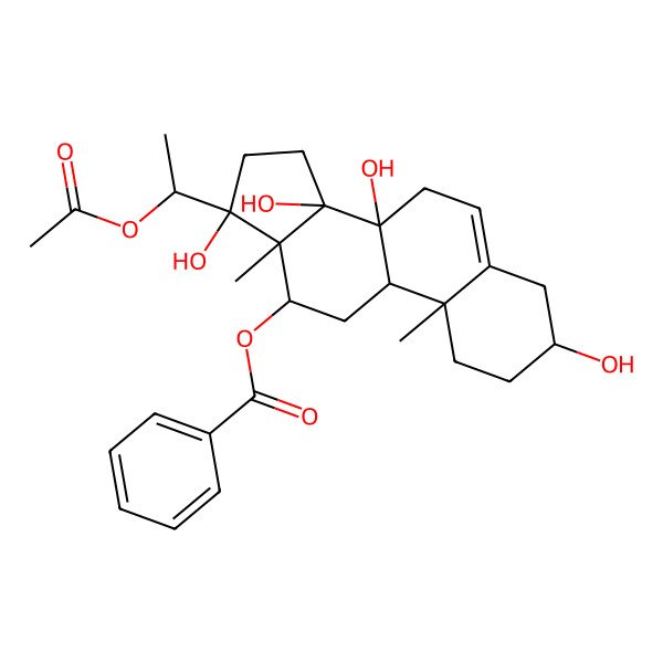 2D Structure of [17-(1-Acetyloxyethyl)-3,8,14,17-tetrahydroxy-10,13-dimethyl-1,2,3,4,7,9,11,12,15,16-decahydrocyclopenta[a]phenanthren-12-yl] benzoate