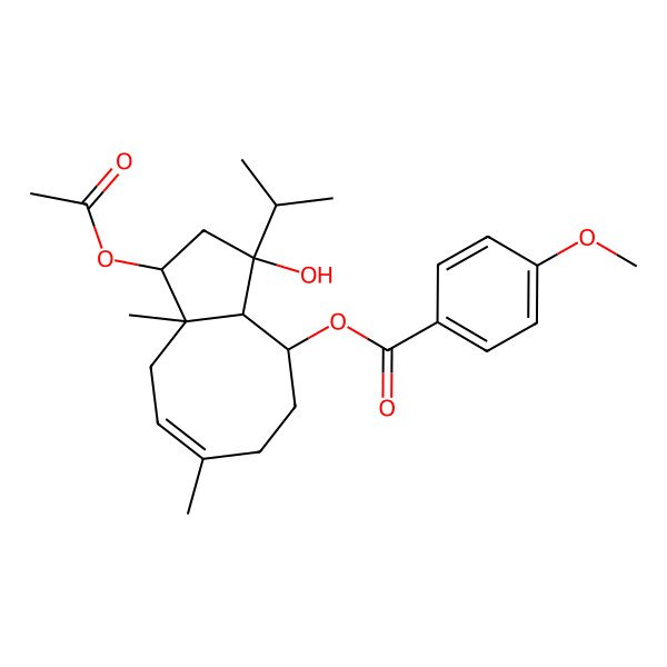 2D Structure of [(1R,3S,3aR,9S,9aS)-3-acetyloxy-1-hydroxy-3a,6-dimethyl-1-propan-2-yl-3,4,7,8,9,9a-hexahydro-2H-cyclopenta[8]annulen-9-yl] 4-methoxybenzoate
