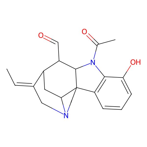 2D Structure of (1R,9S,10S,11R,12E,17S)-8-acetyl-12-ethylidene-6-hydroxy-8,14-diazapentacyclo[9.5.2.01,9.02,7.014,17]octadeca-2(7),3,5-triene-10-carbaldehyde