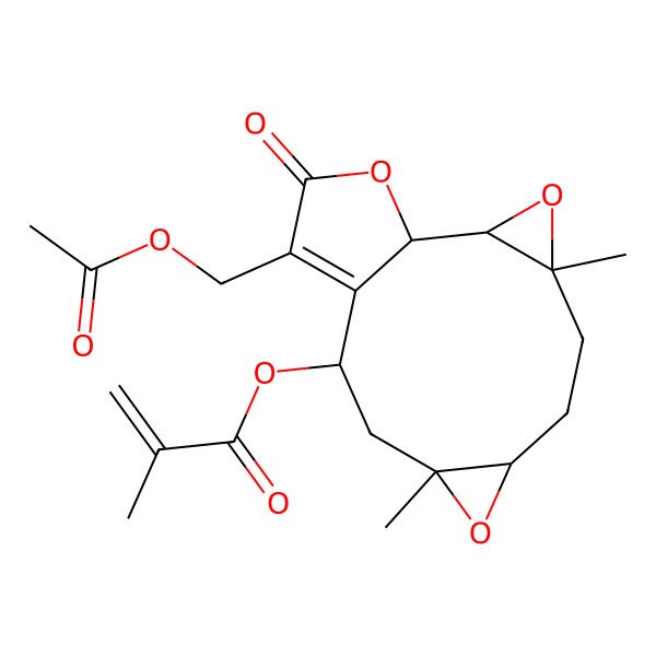 2D Structure of [13-(Acetyloxymethyl)-4,9-dimethyl-14-oxo-3,8,15-trioxatetracyclo[10.3.0.02,4.07,9]pentadec-12-en-11-yl] 2-methylprop-2-enoate