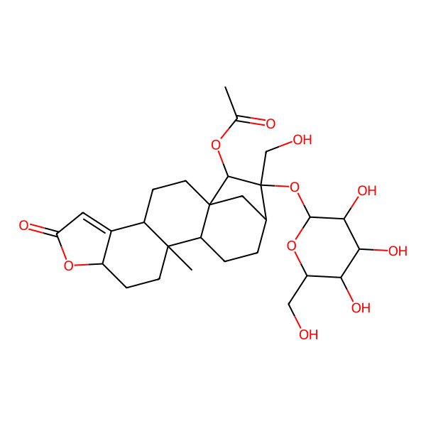 2D Structure of [(1R,4S,9R,12S,13S,16R,17R,18R)-17-(hydroxymethyl)-12-methyl-7-oxo-17-[(2S,3R,4S,5S,6R)-3,4,5-trihydroxy-6-(hydroxymethyl)oxan-2-yl]oxy-8-oxapentacyclo[14.2.1.01,13.04,12.05,9]nonadec-5-en-18-yl] acetate