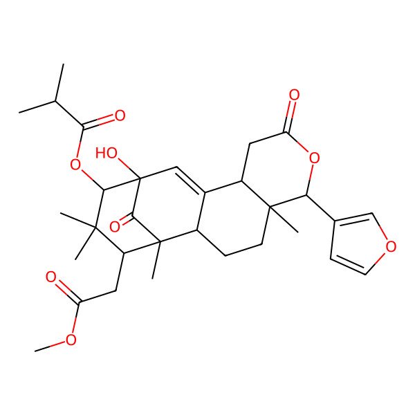 2D Structure of [(1R,5R,6R,13R,14S,16S)-6-(furan-3-yl)-13-hydroxy-16-(2-methoxy-2-oxoethyl)-1,5,15,15-tetramethyl-8,17-dioxo-7-oxatetracyclo[11.3.1.02,11.05,10]heptadec-11-en-14-yl] 2-methylpropanoate