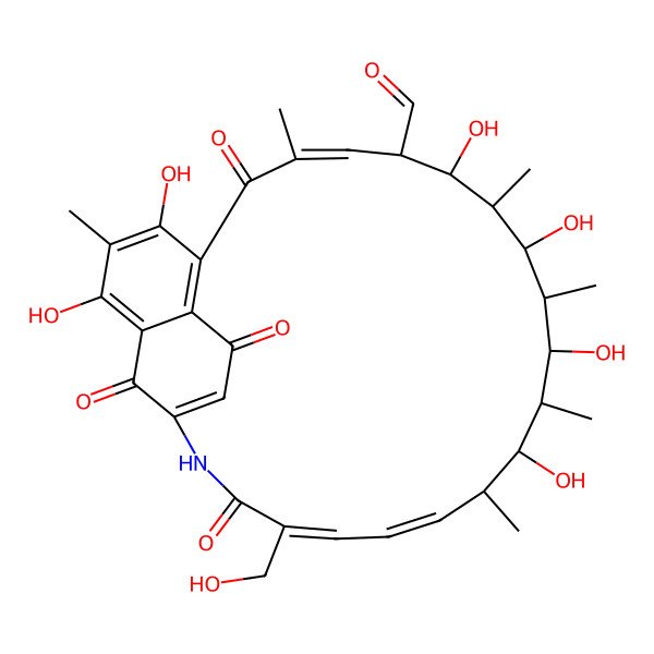 2D Structure of 2,4,10,12,14,16-Hexahydroxy-21-(hydroxymethyl)-3,7,11,13,15,17-hexamethyl-6,22,26,28-tetraoxo-23-azatricyclo[22.3.1.05,27]octacosa-1,3,5(27),7,18,20,24-heptaene-9-carbaldehyde
