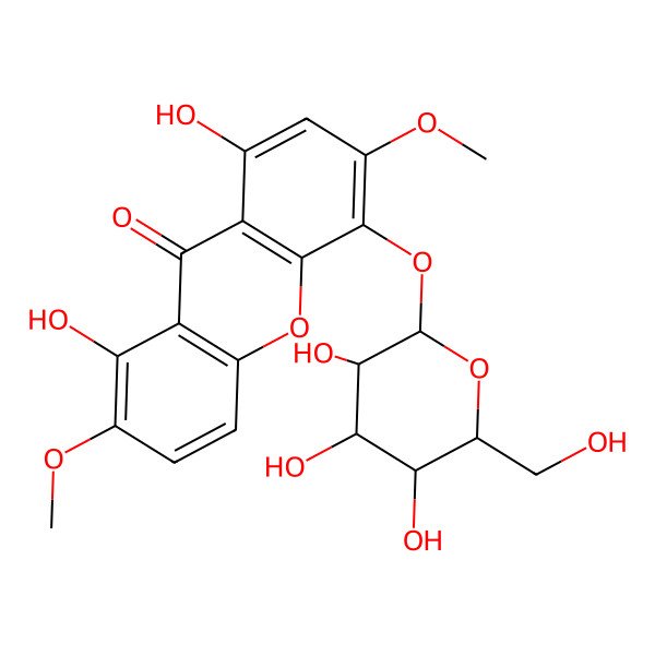 2D Structure of 1,8-dihydroxy-2,6-dimethoxy-5-[(2S,3R,4S,5S,6R)-3,4,5-trihydroxy-6-(hydroxymethyl)oxan-2-yl]oxyxanthen-9-one