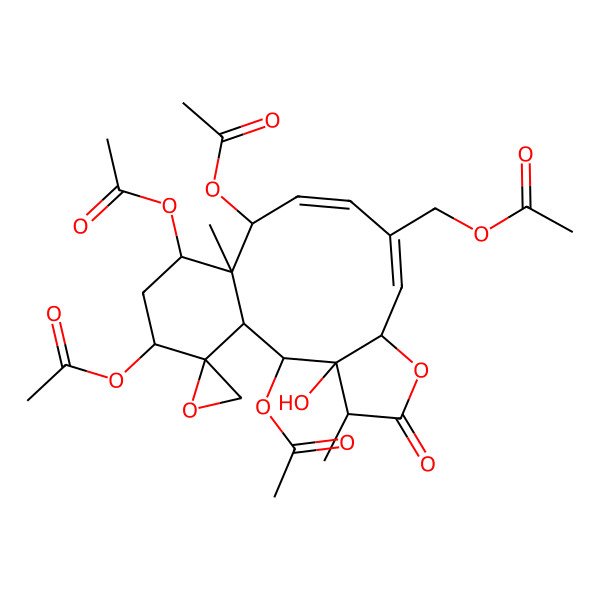 2D Structure of (2,12,14,16-Tetraacetyloxy-3-hydroxy-4,13-dimethyl-5-oxospiro[6-oxatricyclo[11.4.0.03,7]heptadeca-8,10-diene-17,2'-oxirane]-9-yl)methyl acetate