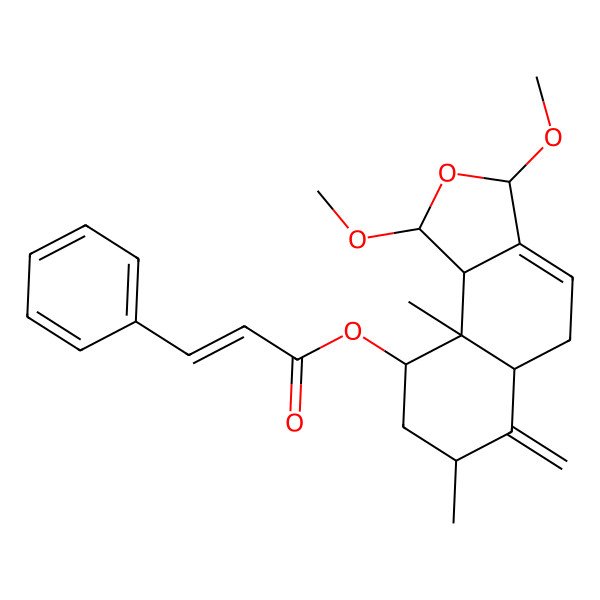 2D Structure of [(1R,3S,5aS,7S,9R,9aS,9bR)-1,3-dimethoxy-7,9a-dimethyl-6-methylidene-1,3,5,5a,7,8,9,9b-octahydrobenzo[e][2]benzofuran-9-yl] (E)-3-phenylprop-2-enoate