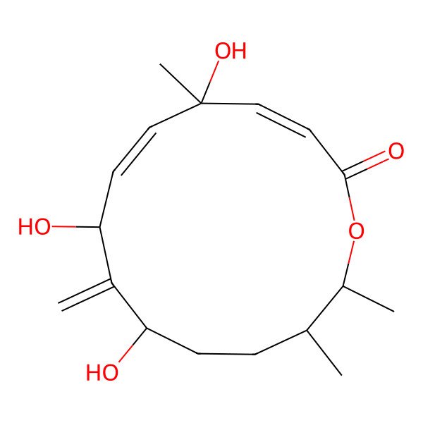 2D Structure of (3E,5R,6E,8S,13S,14R)-5,8,10-trihydroxy-5,13,14-trimethyl-9-methylidene-1-oxacyclotetradeca-3,6-dien-2-one