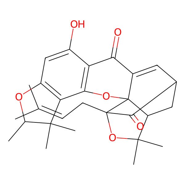2D Structure of (1S,2S,7S,16S,18R)-11-hydroxy-6,6,7,20,20-pentamethyl-18-(3-methylbut-2-enyl)-3,8,19-trioxahexacyclo[14.4.1.02,14.02,18.04,12.05,9]henicosa-4(12),5(9),10,14-tetraene-13,17-dione