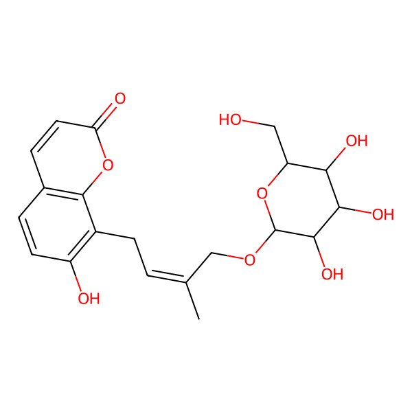 2D Structure of 7-hydroxy-8-[(E)-3-methyl-4-[(3R,4S,5S,6R)-3,4,5-trihydroxy-6-(hydroxymethyl)oxan-2-yl]oxybut-2-enyl]chromen-2-one