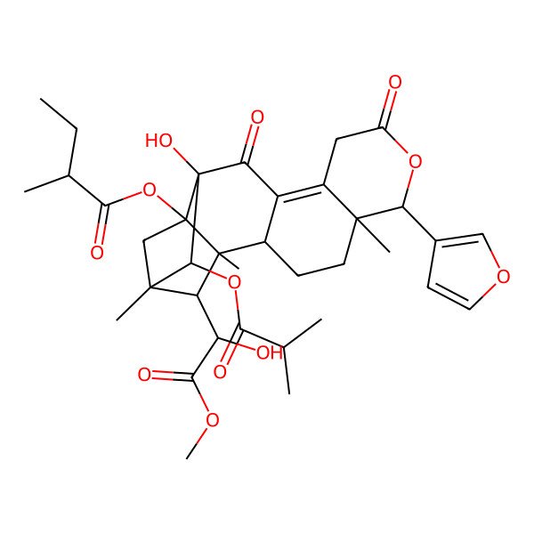 2D Structure of [6-(Furan-3-yl)-13-hydroxy-18-(1-hydroxy-2-methoxy-2-oxoethyl)-1,5,15-trimethyl-14-(2-methylpropanoyloxy)-8,12-dioxo-7-oxapentacyclo[13.2.1.02,11.05,10.013,17]octadec-10-en-17-yl] 2-methylbutanoate