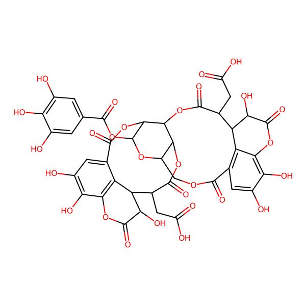 2D Structure of 2-[(4R,5S,7R,18S,19S,20S,23S,24R,27S,28S,29S)-20-(carboxymethyl)-13,14,18,29,33,34-hexahydroxy-2,10,17,21,26,30-hexaoxo-5-(3,4,5-trihydroxybenzoyl)oxy-3,6,9,16,22,25,31-heptaoxaheptacyclo[26.7.1.111,15.04,23.07,24.032,36.019,37]heptatriaconta-1(35),11,13,15(37),32(36),33-hexaen-27-yl]acetic acid