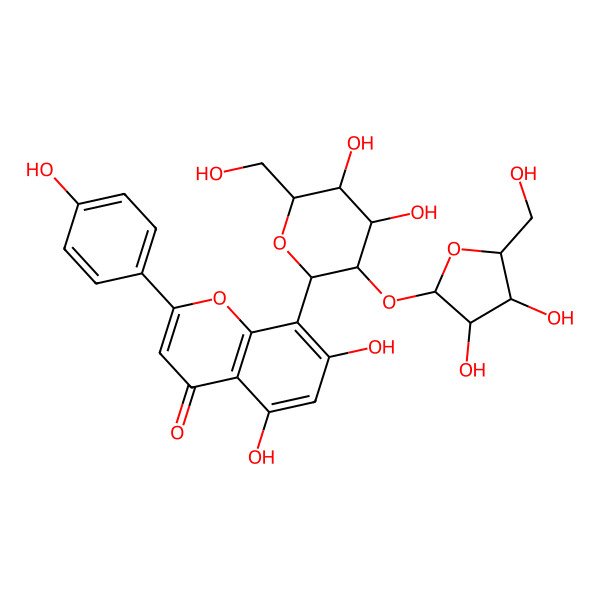 2D Structure of 8-[(2S,3R,4S,5S,6R)-3-[(2S,3R,4R,5R)-3,4-dihydroxy-5-(hydroxymethyl)oxolan-2-yl]oxy-4,5-dihydroxy-6-(hydroxymethyl)oxan-2-yl]-5,7-dihydroxy-2-(4-hydroxyphenyl)chromen-4-one