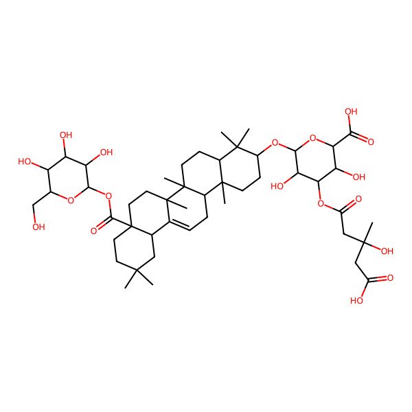 2D Structure of 6-[[4,4,6a,6b,11,11,14b-Heptamethyl-8a-[3,4,5-trihydroxy-6-(hydroxymethyl)oxan-2-yl]oxycarbonyl-1,2,3,4a,5,6,7,8,9,10,12,12a,14,14a-tetradecahydropicen-3-yl]oxy]-4-(4-carboxy-3-hydroxy-3-methylbutanoyl)oxy-3,5-dihydroxyoxane-2-carboxylic acid