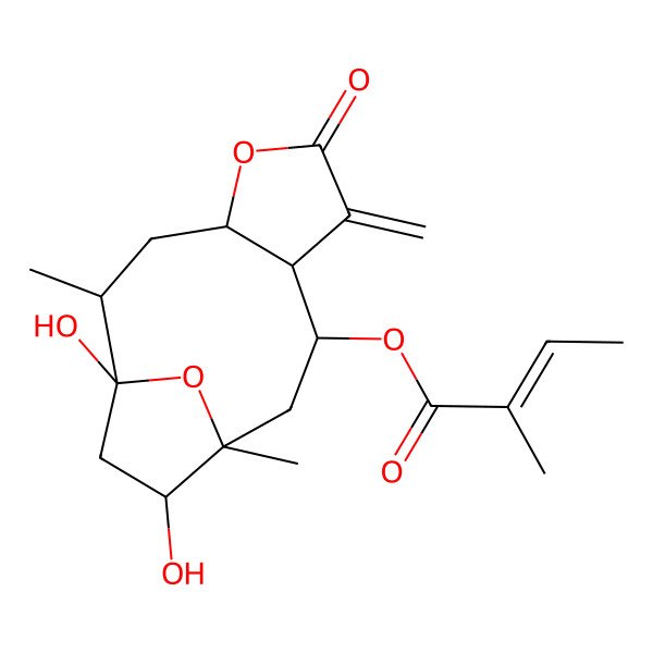 2D Structure of (1,12-Dihydroxy-2,11-dimethyl-7-methylidene-6-oxo-5,14-dioxatricyclo[9.2.1.04,8]tetradecan-9-yl) 2-methylbut-2-enoate