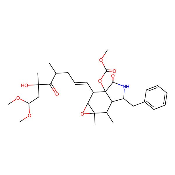 2D Structure of [(1aR,2R,2aR,5R,5aR,6R,6aS)-5-benzyl-2-[(E,4R,6S)-6-hydroxy-8,8-dimethoxy-4,6-dimethyl-5-oxooct-1-enyl]-6,6a-dimethyl-3-oxo-1a,2,4,5,5a,6-hexahydrooxireno[2,3-f]isoindol-2a-yl] methyl carbonate