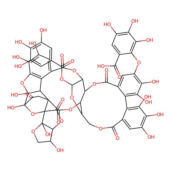 2D Structure of 2-[3,6a,11',12',15',16',17',31',32',36',37'-undecahydroxy-2',5,7',20',28',41'-hexaoxo-25'-(3,4,5-trihydroxybenzoyl)oxyspiro[3,3a-dihydro-2H-furo[3,2-b]furan-6,39'-3,6,21,24,27,38,42-heptaoxanonacyclo[35.2.2.133,36.01,35.04,23.05,26.08,13.014,19.029,34]dotetraconta-8,10,12,14,16,18,29,31,33-nonaene]-10'-yl]oxy-3,4,5-trihydroxybenzoic acid