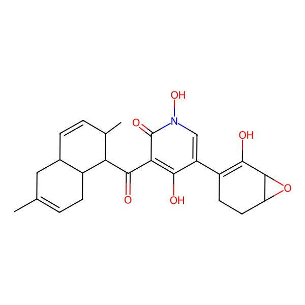 2D Structure of 3-(2,6-Dimethyl-1,2,4a,5,8,8a-hexahydronaphthalene-1-carbonyl)-1,4-dihydroxy-5-(2-hydroxy-7-oxabicyclo[4.1.0]hept-2-en-3-yl)pyridin-2-one