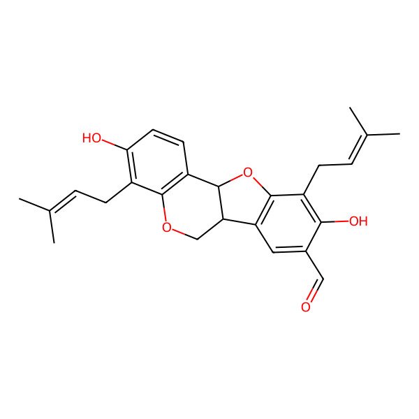2D Structure of 3,9-dihydroxy-4,10-bis(3-methylbut-2-enyl)-6a,11a-dihydro-6H-[1]benzofuro[3,2-c]chromene-8-carbaldehyde
