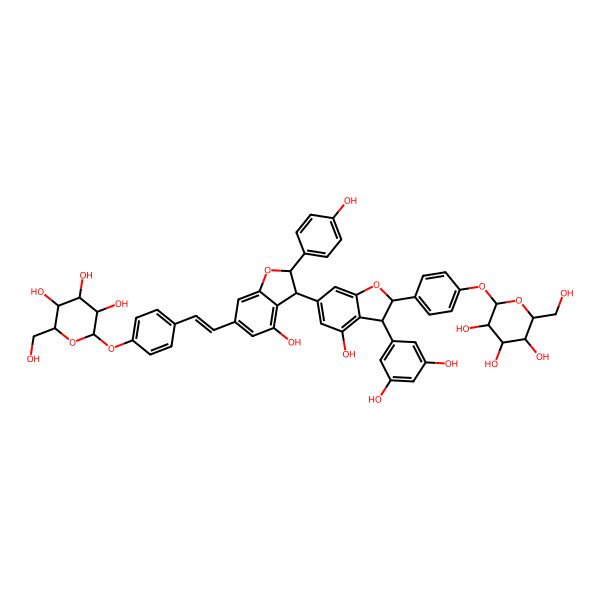 2D Structure of (2S,3R,4S,5S,6R)-2-[4-[(E)-2-[(2S,3S)-3-[(2S,3S)-3-(3,5-dihydroxyphenyl)-4-hydroxy-2-[4-[(2S,3R,4S,5S,6R)-3,4,5-trihydroxy-6-(hydroxymethyl)oxan-2-yl]oxyphenyl]-2,3-dihydro-1-benzofuran-6-yl]-4-hydroxy-2-(4-hydroxyphenyl)-2,3-dihydro-1-benzofuran-6-yl]ethenyl]phenoxy]-6-(hydroxymethyl)oxane-3,4,5-triol