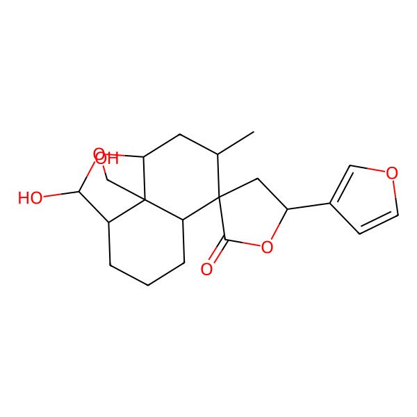 2D Structure of (1R,3S,4S,5'S,8S,9R,10R,12R)-5'-(furan-3-yl)-3-hydroxy-12-(hydroxymethyl)-10-methylspiro[2-oxatricyclo[6.3.1.04,12]dodecane-9,3'-oxolane]-2'-one