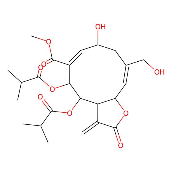 2D Structure of Methyl 8-hydroxy-10-(hydroxymethyl)-3-methylidene-4,5-bis(2-methylpropanoyloxy)-2-oxo-3a,4,5,8,9,11a-hexahydrocyclodeca[b]furan-6-carboxylate