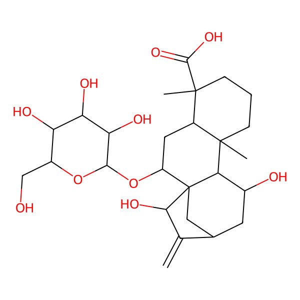 2D Structure of (1R,2R,4R,5S,9S,10R,11S,13R,15R)-11,15-dihydroxy-5,9-dimethyl-14-methylidene-2-[(2S,3S,4R,5R,6S)-3,4,5-trihydroxy-6-(hydroxymethyl)oxan-2-yl]oxytetracyclo[11.2.1.01,10.04,9]hexadecane-5-carboxylic acid