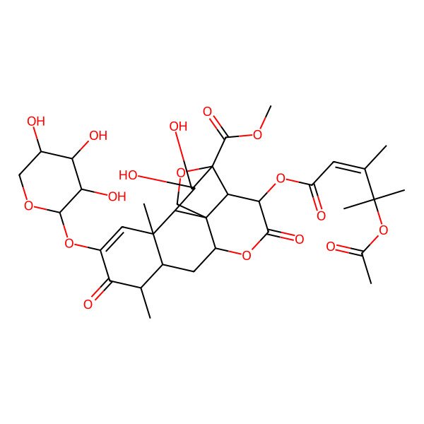 2D Structure of Methyl 3-(4-acetyloxy-3,4-dimethylpent-2-enoyl)oxy-15,16-dihydroxy-9,13-dimethyl-4,10-dioxo-11-(3,4,5-trihydroxyoxan-2-yl)oxy-5,18-dioxapentacyclo[12.5.0.01,6.02,17.08,13]nonadec-11-ene-17-carboxylate