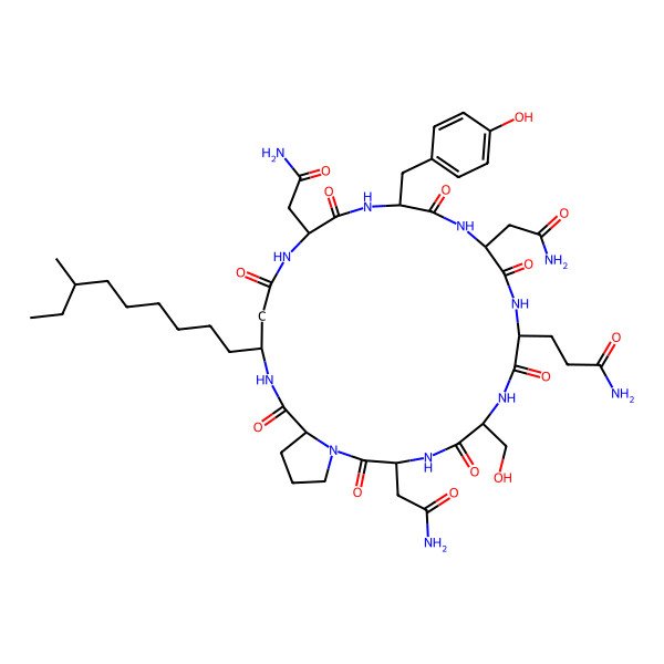 2D Structure of 3-[(3S,6S,9S,12S,15R,18S,22S,25R)-3,12,18-tris(2-amino-2-oxoethyl)-6-(hydroxymethyl)-15-[(4-hydroxyphenyl)methyl]-22-[(7S)-7-methylnonyl]-2,5,8,11,14,17,20,24-octaoxo-1,4,7,10,13,16,19,23-octazabicyclo[23.3.0]octacosan-9-yl]propanamide