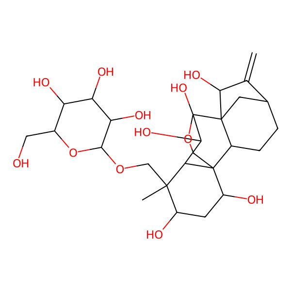 2D Structure of (1S,2S,5R,7R,8S,9S,10S,11R,12R,13S,15R)-12-methyl-6-methylidene-12-[[(2R,3R,4S,5S,6R)-3,4,5-trihydroxy-6-(hydroxymethyl)oxan-2-yl]oxymethyl]-17-oxapentacyclo[7.6.2.15,8.01,11.02,8]octadecane-7,9,10,13,15-pentol