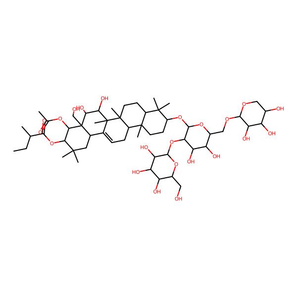 2D Structure of [(3R,4R,4aR,5S,6R,6aR,6aS,6bR,8aR,10S,12aR,14bS)-4-acetyloxy-10-[(2R,3R,4S,5S,6R)-4,5-dihydroxy-3-[(2S,3R,4S,5S,6R)-3,4,5-trihydroxy-6-(hydroxymethyl)oxan-2-yl]oxy-6-[[(2S,3R,4S,5S)-3,4,5-trihydroxyoxan-2-yl]oxymethyl]oxan-2-yl]oxy-5,6-dihydroxy-4a-(hydroxymethyl)-2,2,6a,6b,9,9,12a-heptamethyl-1,3,4,5,6,6a,7,8,8a,10,11,12,13,14b-tetradecahydropicen-3-yl] (2S)-2-methylbutanoate