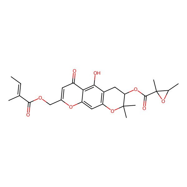 2D Structure of [(3S)-5-hydroxy-2,2-dimethyl-8-(2-methylbut-2-enoyloxymethyl)-6-oxo-3,4-dihydropyrano[3,2-g]chromen-3-yl] (2S,3S)-2,3-dimethyloxirane-2-carboxylate