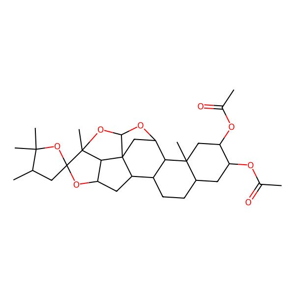 2D Structure of (9-Acetyloxy-2',2',3',11,17-pentamethylspiro[14,16,19-trioxaheptacyclo[11.8.1.12,20.01,15.03,12.06,11.017,21]tricosane-18,5'-oxolane]-8-yl) acetate