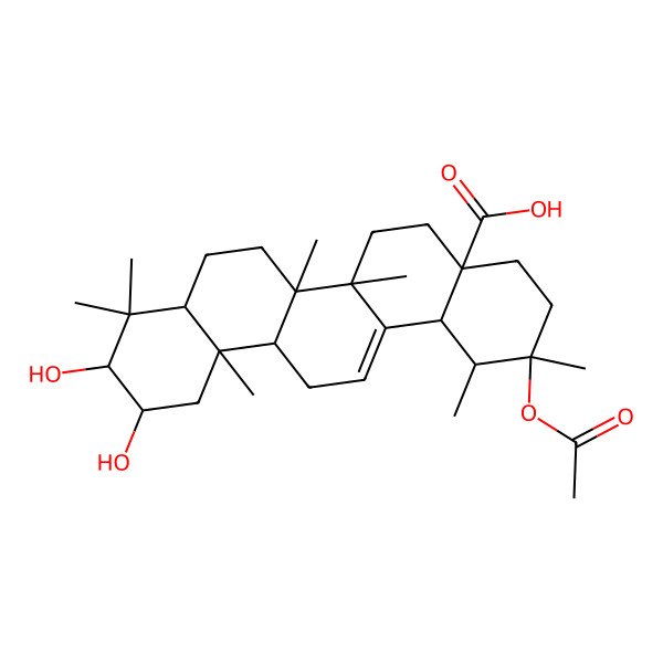 2D Structure of 2-Acetyloxy-10,11-dihydroxy-1,2,6a,6b,9,9,12a-heptamethyl-1,3,4,5,6,6a,7,8,8a,10,11,12,13,14b-tetradecahydropicene-4a-carboxylic acid