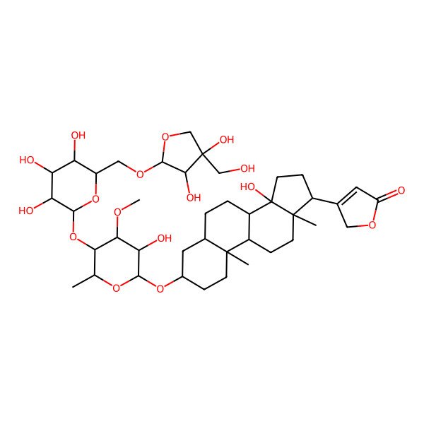 2D Structure of 3-[(3S,5R,8R,9S,10S,13R,14R,17S)-3-[(2R,3S,4S,5S,6S)-5-[(2S,3R,4S,5S,6R)-6-[[(2R,3R,4R)-3,4-dihydroxy-4-(hydroxymethyl)oxolan-2-yl]oxymethyl]-3,4,5-trihydroxyoxan-2-yl]oxy-3-hydroxy-4-methoxy-6-methyloxan-2-yl]oxy-14-hydroxy-10,13-dimethyl-1,2,3,4,5,6,7,8,9,11,12,15,16,17-tetradecahydrocyclopenta[a]phenanthren-17-yl]-2H-furan-5-one