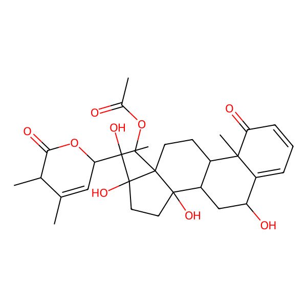 2D Structure of [(6R,8R,9S,10R,13R,14R,17S)-17-[(1S)-1-[(2R)-4,5-dimethyl-6-oxo-2,5-dihydropyran-2-yl]-1-hydroxyethyl]-6,14,17-trihydroxy-10-methyl-1-oxo-6,7,8,9,11,12,15,16-octahydrocyclopenta[a]phenanthren-13-yl]methyl acetate