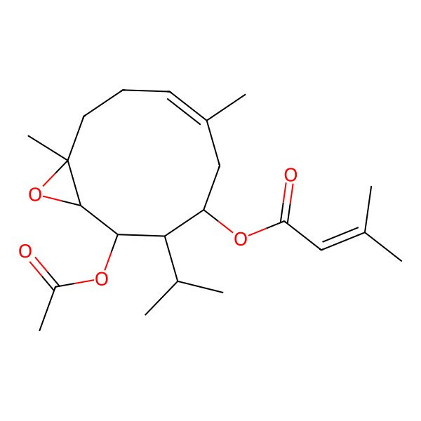 2D Structure of [(1S,2R,3R,4S,6Z,10S)-2-acetyloxy-6,10-dimethyl-3-propan-2-yl-11-oxabicyclo[8.1.0]undec-6-en-4-yl] 3-methylbut-2-enoate