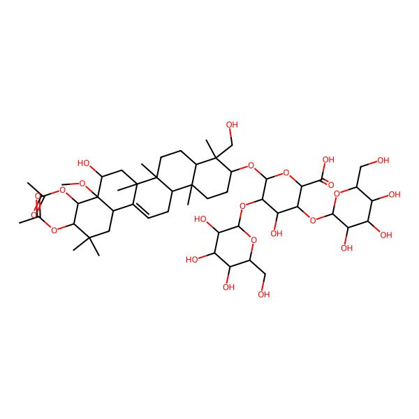 2D Structure of 6-[[9,10-Diacetyloxy-8-hydroxy-4-(hydroxymethyl)-8a-methoxy-4,6a,6b,11,11,14b-hexamethyl-1,2,3,4a,5,6,7,8,9,10,12,12a,14,14a-tetradecahydropicen-3-yl]oxy]-4-hydroxy-3,5-bis[[3,4,5-trihydroxy-6-(hydroxymethyl)oxan-2-yl]oxy]oxane-2-carboxylic acid