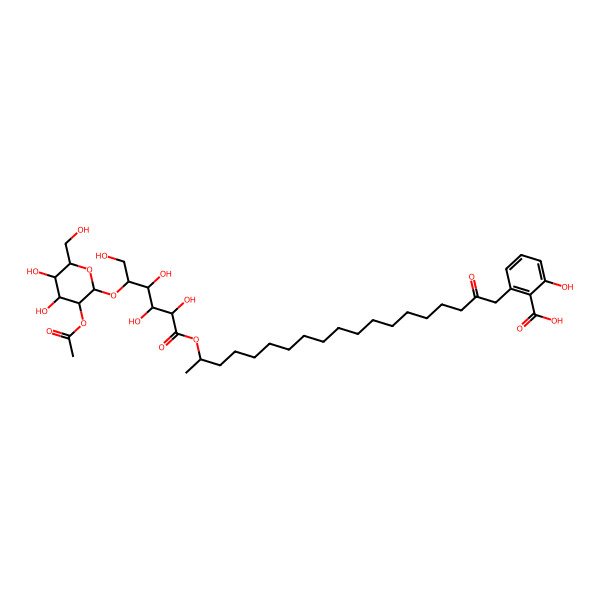 2D Structure of 2-[18-[(2S,3S,4S,5R)-5-[(2R,5S)-3-acetyloxy-4,5-dihydroxy-6-(hydroxymethyl)oxan-2-yl]oxy-2,3,4,6-tetrahydroxyhexanoyl]oxy-2-oxononadecyl]-6-hydroxybenzoic acid
