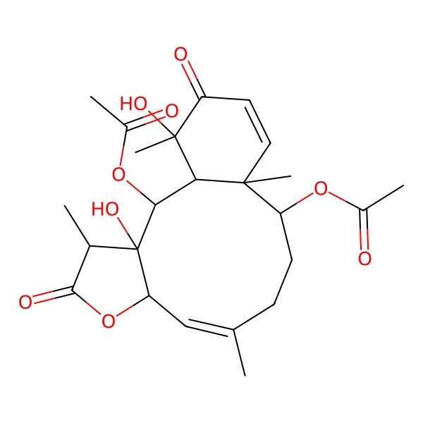 2D Structure of (2-Acetyloxy-3,17-dihydroxy-4,9,13,17-tetramethyl-5,16-dioxo-6-oxatricyclo[11.4.0.03,7]heptadeca-8,14-dien-12-yl) acetate