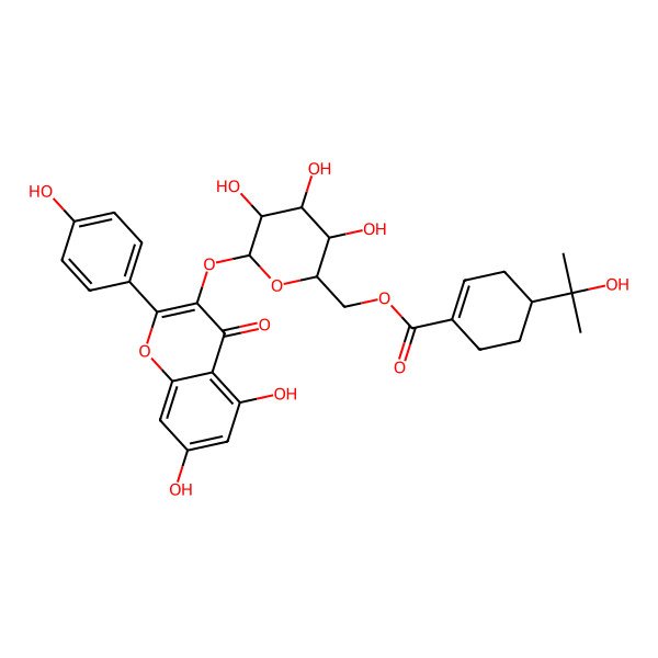 2D Structure of [(2R,3R,4S,5R,6S)-6-[5,7-dihydroxy-2-(4-hydroxyphenyl)-4-oxochromen-3-yl]oxy-3,4,5-trihydroxyoxan-2-yl]methyl (4R)-4-(2-hydroxypropan-2-yl)cyclohexene-1-carboxylate