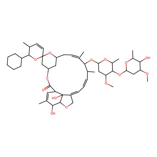 2D Structure of (1'R,2R,3S,4'S,6S,8'R,10'E,13'S,14'E,16'E,20'R,21'R,24'S)-2-cyclohexyl-21',24'-dihydroxy-12'-[(2R,4S,6S)-5-[(2S,4S,5S,6S)-5-hydroxy-4-methoxy-6-methyloxan-2-yl]oxy-4-methoxy-6-methyloxan-2-yl]oxy-3,11',13',22'-tetramethylspiro[2,3-dihydropyran-6,6'-3,7,19-trioxatetracyclo[15.6.1.14,8.020,24]pentacosa-10,14,16,22-tetraene]-2'-one