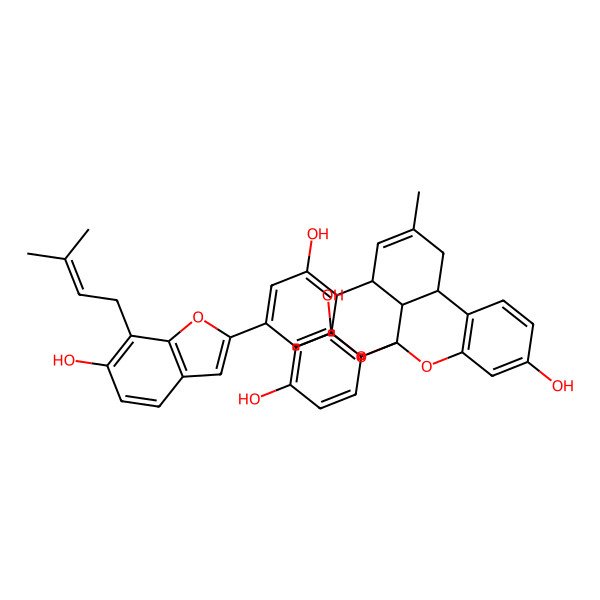 2D Structure of 1-(2,4-Dihydroxyphenyl)-17-[6-hydroxy-7-(3-methylbut-2-enyl)-1-benzofuran-2-yl]-11-methyl-2,20-dioxapentacyclo[11.7.1.03,8.09,21.014,19]henicosa-3(8),4,6,11,14,16,18-heptaene-5,15-diol